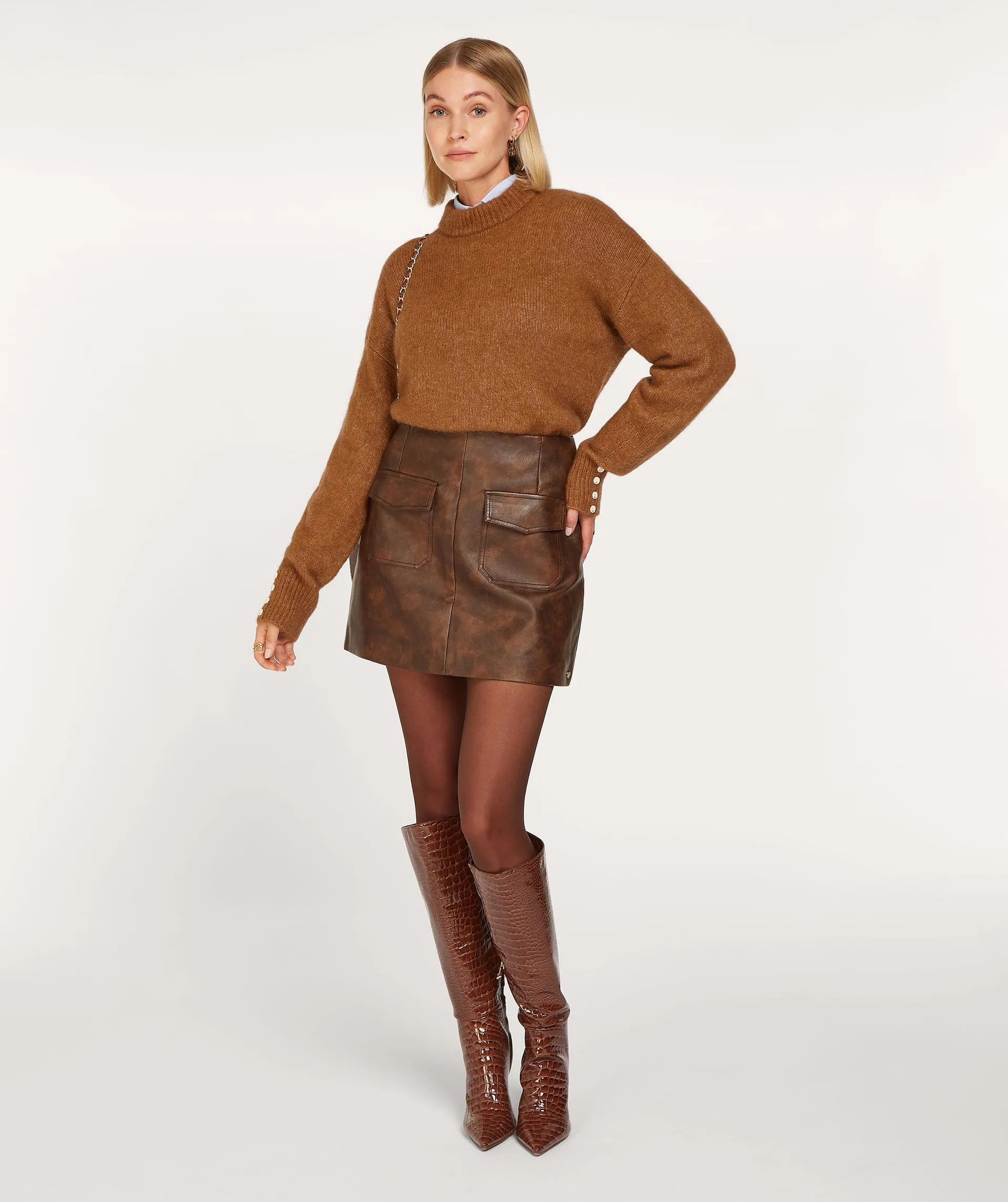 SEMMY HIGH RISE FITTED MINI ROK  MOCHA BROWN