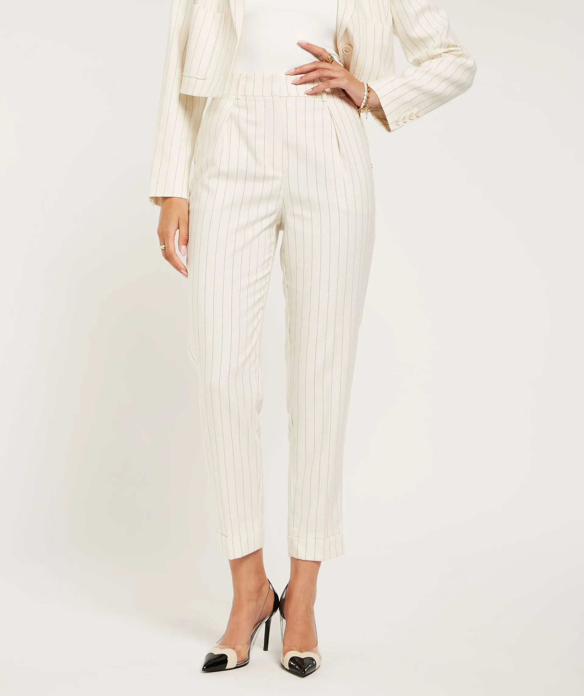 WHITNEY TAPERED FIT PANTALON MET KRIJTSTREEP  COCOON WHITE BLACK